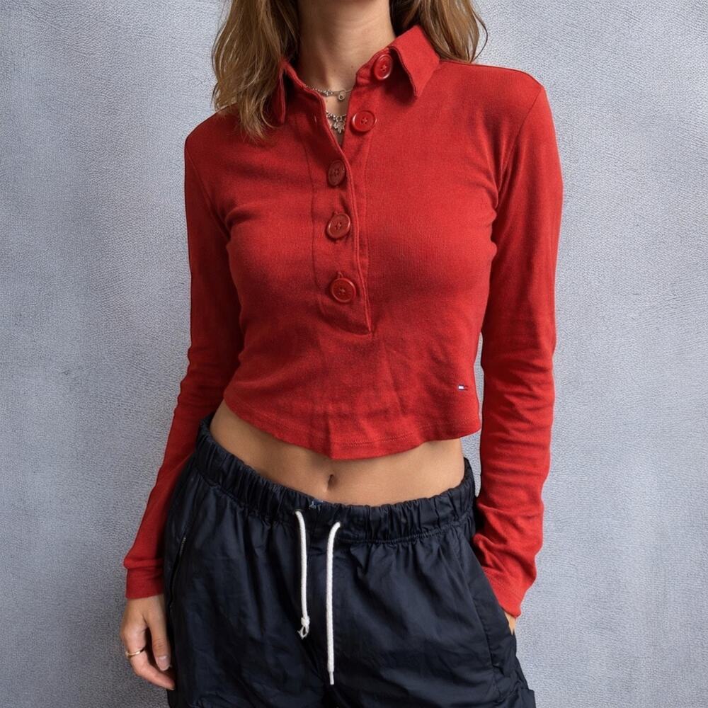 Vintage Y2K 2003 Tommy Jeans Red Cropped Button Up Top Medium NWT